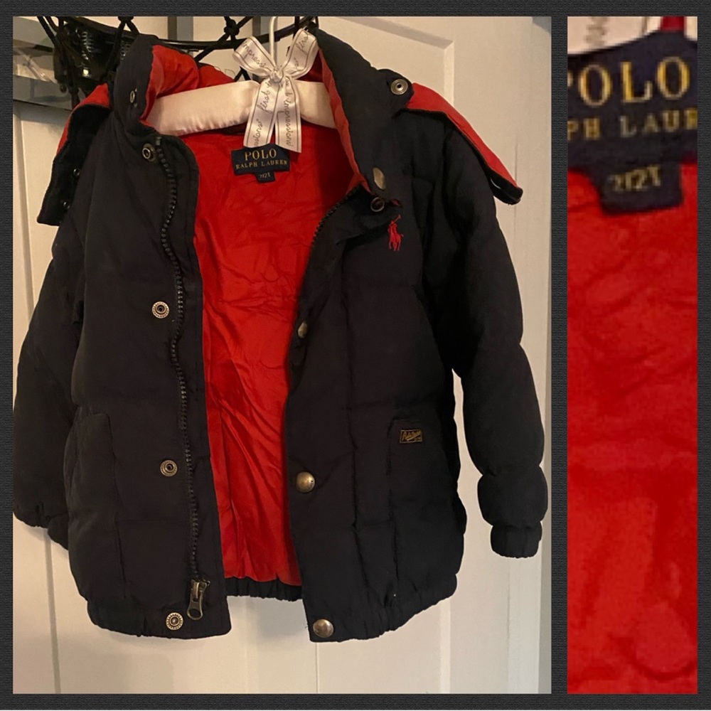 Kids polo coat, navy and red color